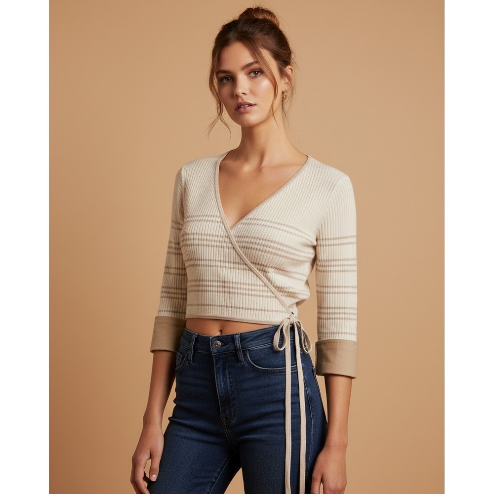 Derek Lam IO‎ Crosby Blouse Womens 14 Cream Beige Stripes Cropped V-Neck Top